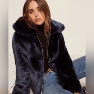 NWT Reformation Navy Fur Jacket, S